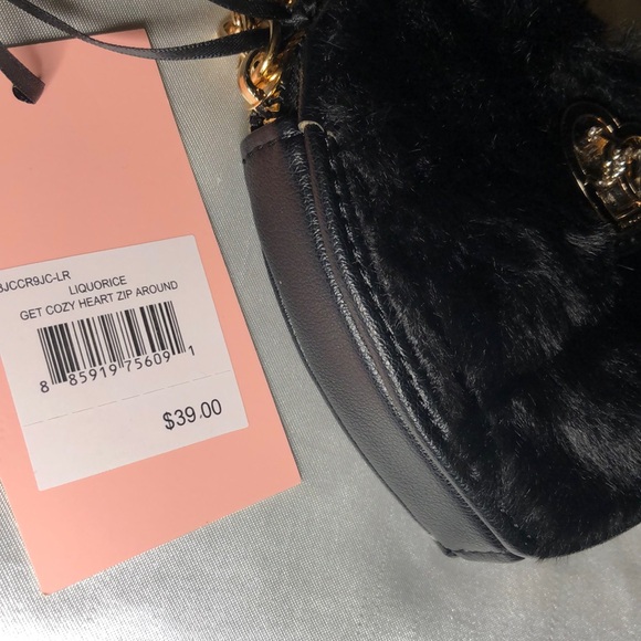 Juicy Couture Liquorice Get Cozy Faux Fur Heart Zip Around Wristlet JC Logo NWT - Picture 8 of 16
